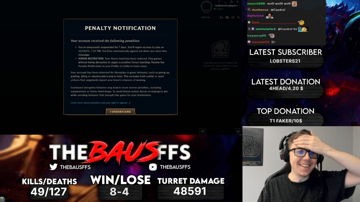 LoL: Streamer Bausffs recebe ban após ficar 1/17 de Sion suporte